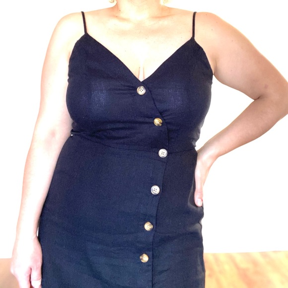 Spaghetti Strap Linen Black Midi Dress - Picture 5 of 12